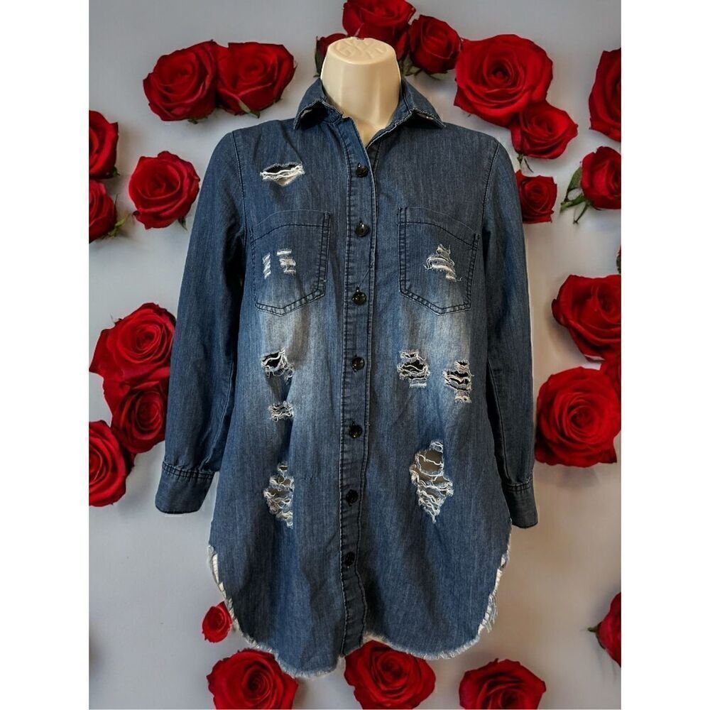 Kroix Womens Blue Denim Distressed Button Down Top Roll Tab Sleeves Size Small